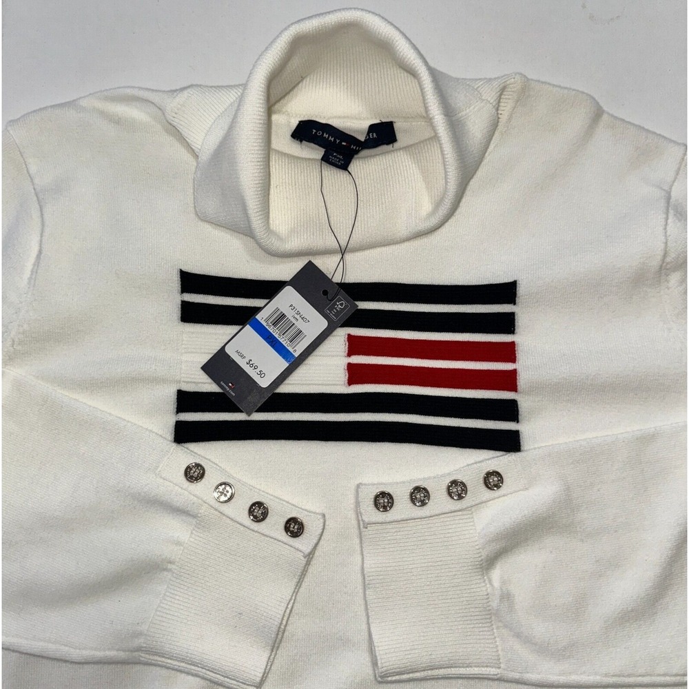 Tommy Hilfiger Women Sweater Long Sleeve XL White Flag Stripe Turtleneck $69 NEW